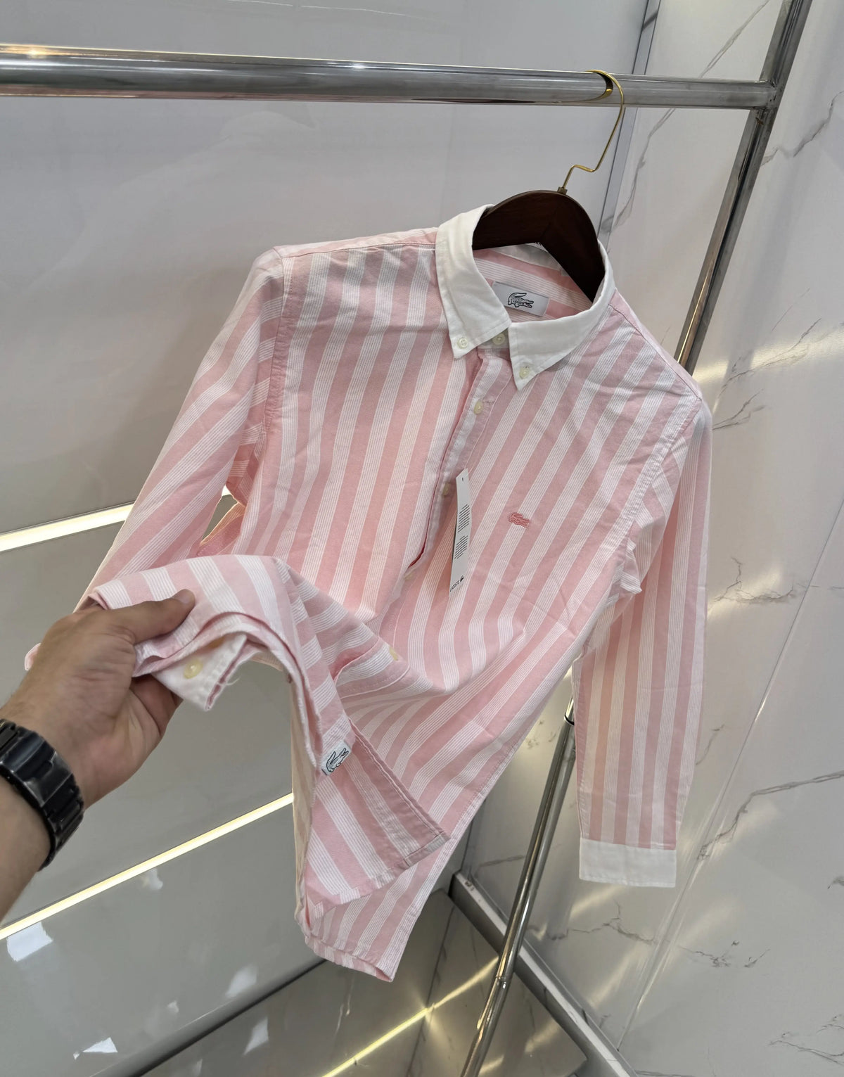 Lacost e Pink strips Embroidery Logo Premium Oxford Shirt