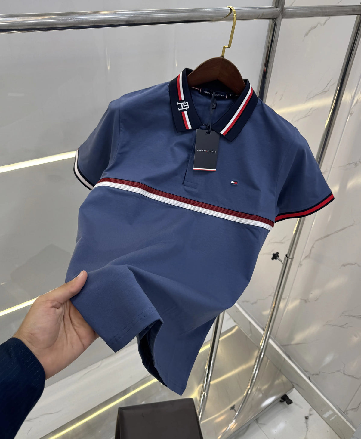 Tomm y Hilfiger Blue Embroidery Work Premium Polo T-shirt With Box