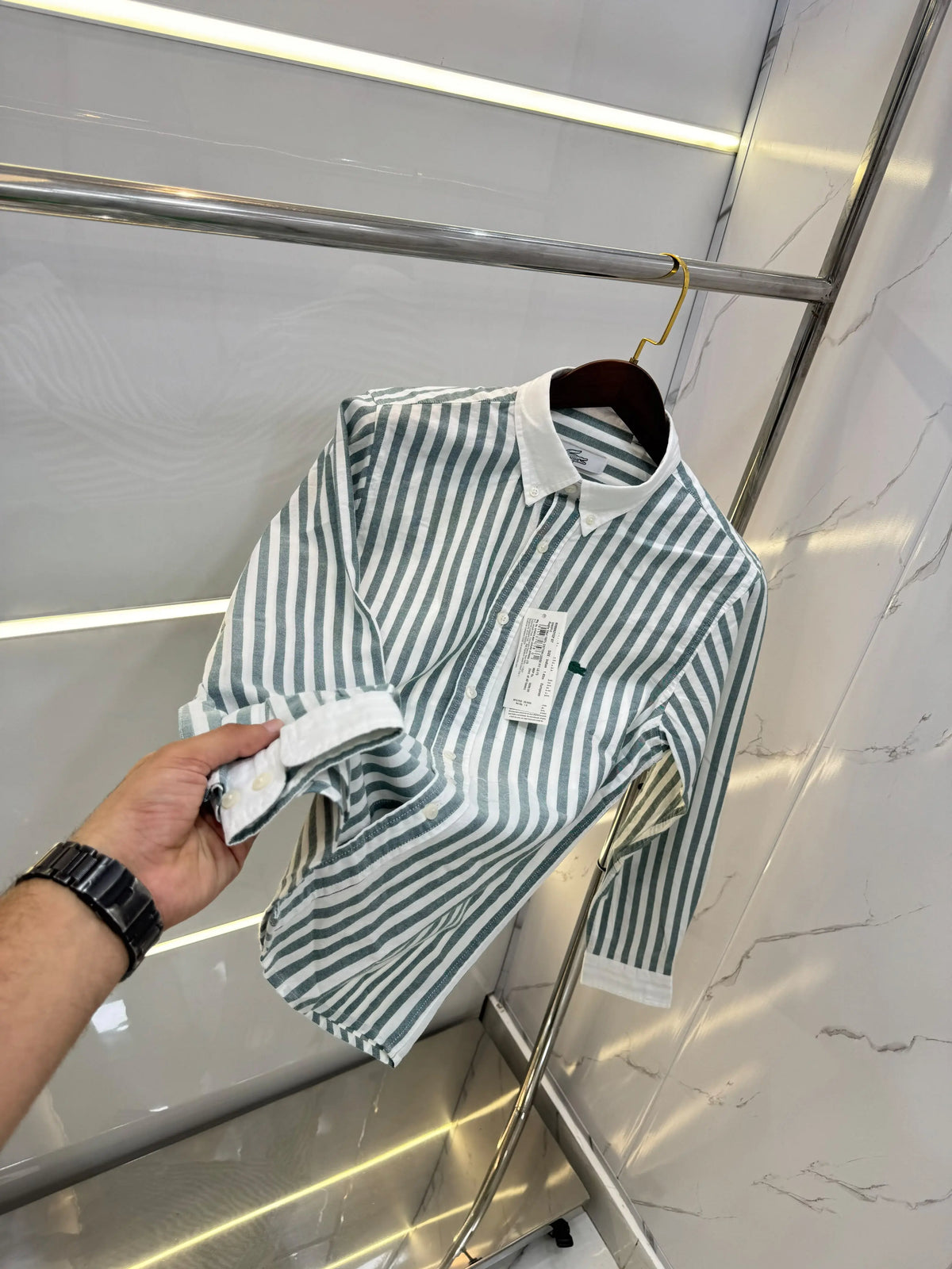 Lacost e dark Green Strips Embroidery Logo Premium Shirt