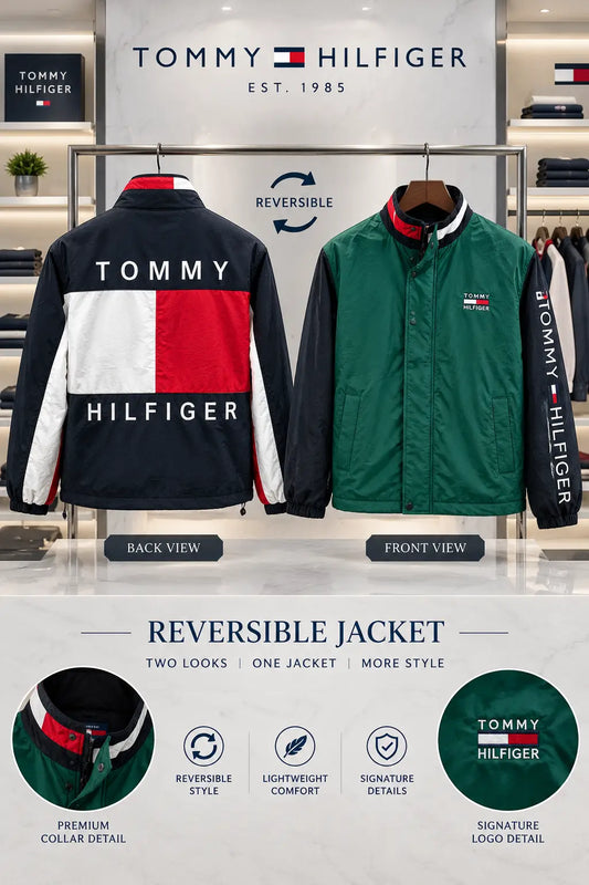 Tomm y Hilfige r Black Green Reversible Imported WindBreaker Jacket